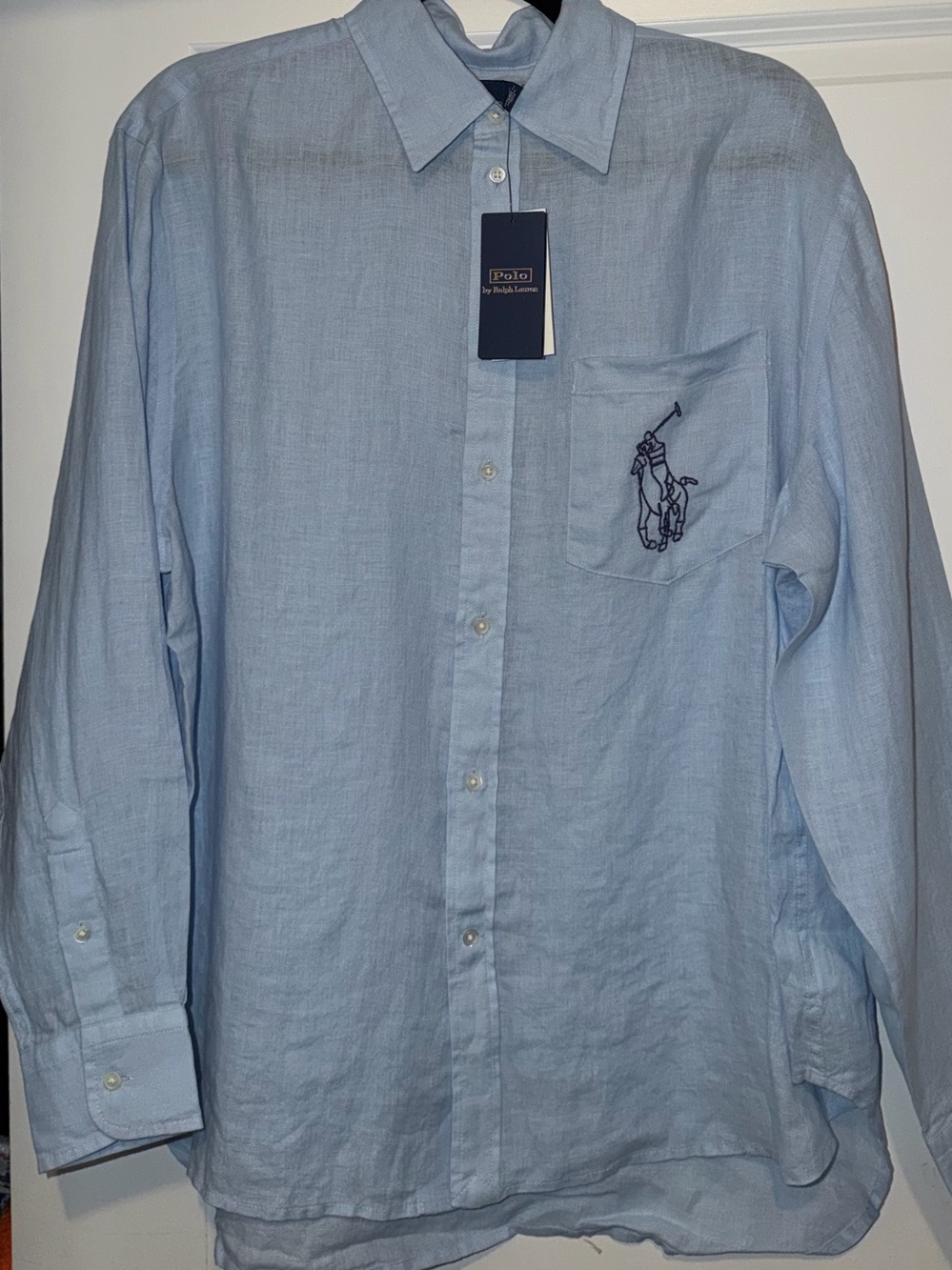 Polo by Ralph Lauren Light Blue Linen Button-Down Shirt with Pocket Polo Logo